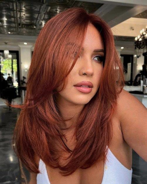 vedar Auburn Red Wigs with Bangs Copper Red Wigs for Women Shoulder Length Synthetic Hair Red Full Wig Middle Length Straight Hair Wig 20 inch VEDAR235